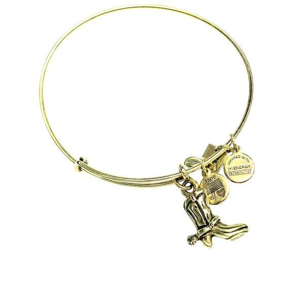 Alex and Ani Cowboy Boot Peace Sign Brown Glass Beaded Gold Tone Bangle Bracelet - Picture 3 of 8
